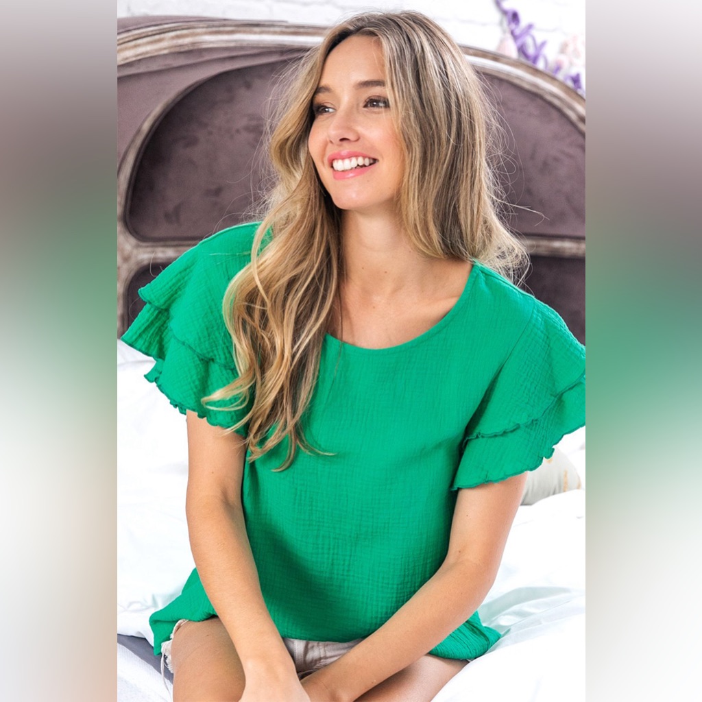 Ruffle Sleeve Wrinkled Cotton Gauze Top